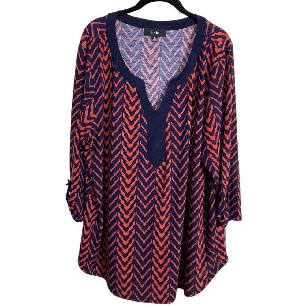 Naïf Tunic Top Womens 3X Navy Blue Coral Chevron Roll Tab Sleeve Casual Everyday